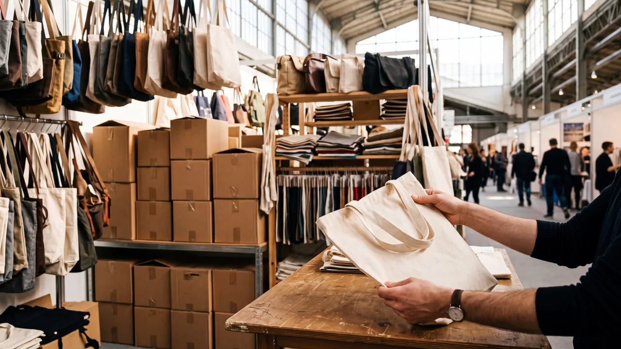 A buyer's hands holding a canvas tote bag sample at a fair booth, with stacked cartons and hanging bags behind.