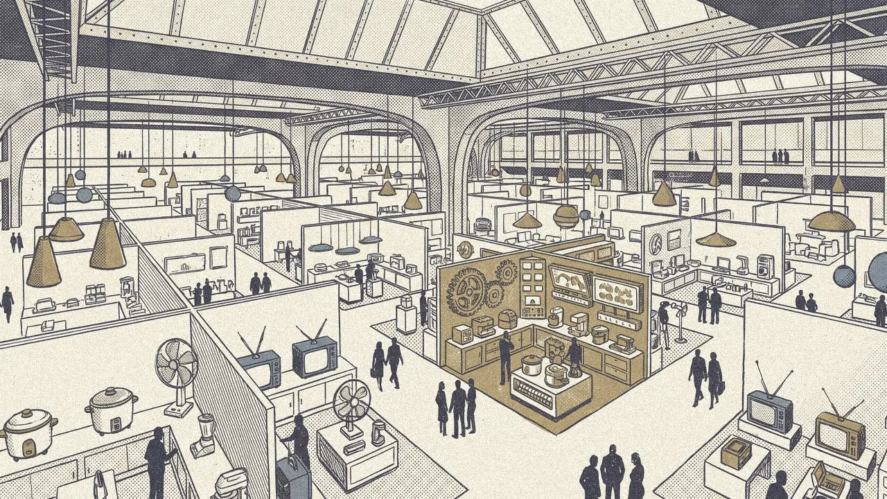 An etched view of a Canton Fair appliance hall, with one brass booth of kitchen machines among rows of fans, rice cookers and televisions.