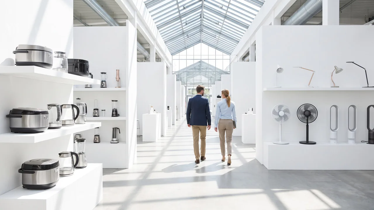 Buyers walking a bright hall past shelves of rice cookers, kettles, fans and desk lamps.