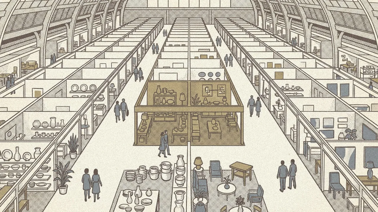 An etched view down Canton Fair aisles of ceramics, glassware and furniture, with one brass booth marked in the middle.