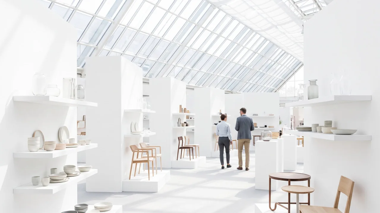 Buyers among white shelves of tableware, glass vases and wooden chairs under a glass roof.