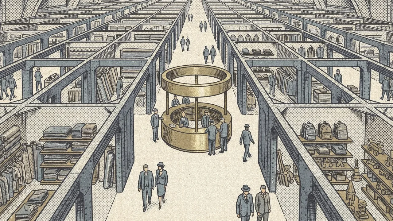 An etched view of Canton Fair aisles of fabric bolts, garments, bags and toys around a brass service desk.
