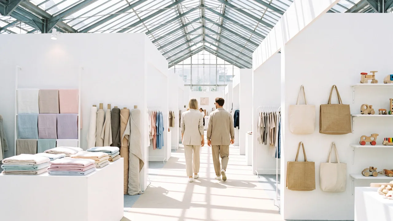 Buyers walking past fabric bolts, folded linens, tote bags and wooden toys in a bright hall.