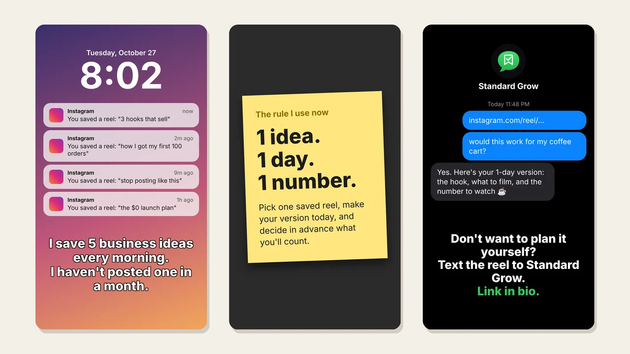 Three slides from our TikTok slideshow: "I save 5 business ideas every morning. I haven't posted one in a month.", a note reading "1 idea. 1 day. 1 number.", and a text to Standard Grow asking whether a reel would work for a coffee cart.