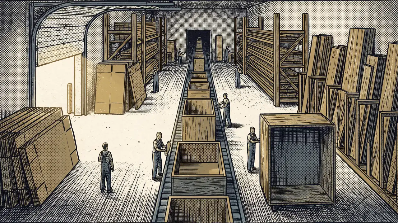 A cabinet workshop with flat-pack boxes at the loading door, where tariff rates depend on how the furniture is classified at entry.