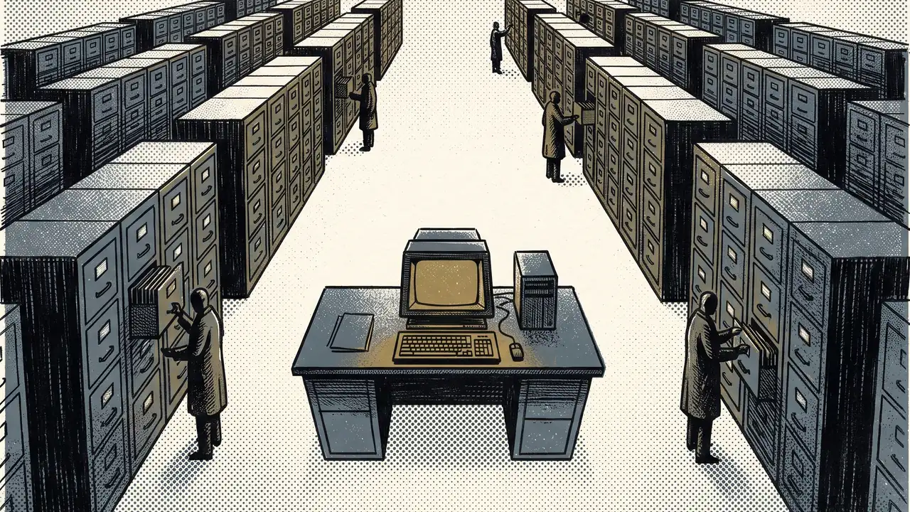 One lit terminal in a customs office full of files, where IEEPA tariff refunds are claimed one entry at a time.