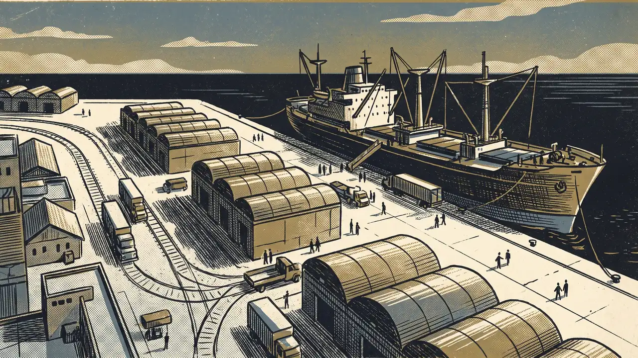 A port waterfront from above, for the Standard Trade guides to importing.