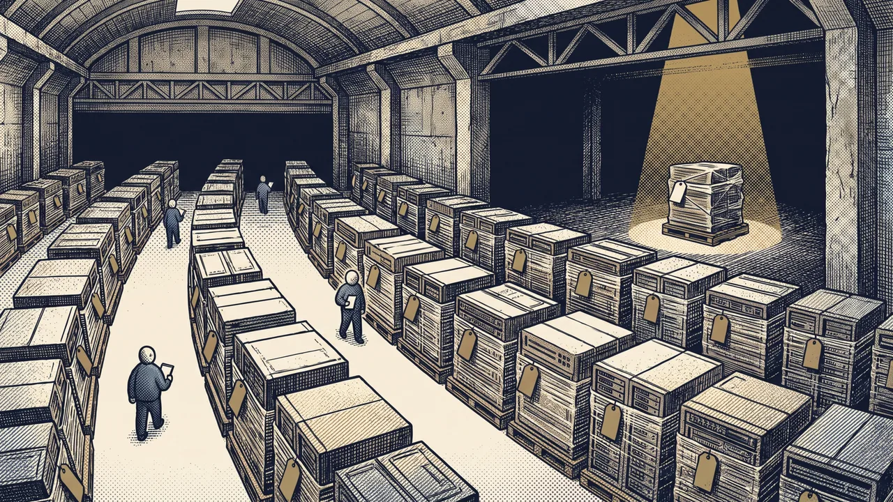 A warehouse auction floor of server racks on pallets, with one overlooked pallet in a far corner picked out, because many used-server lots close with few or no bids.