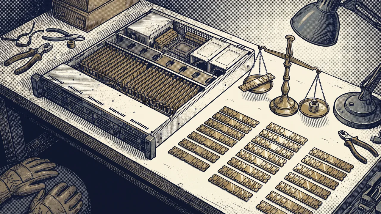 Memory modules pulled from a server and laid out in rows on a workbench, because in 2026 the memory can be worth more than the box.