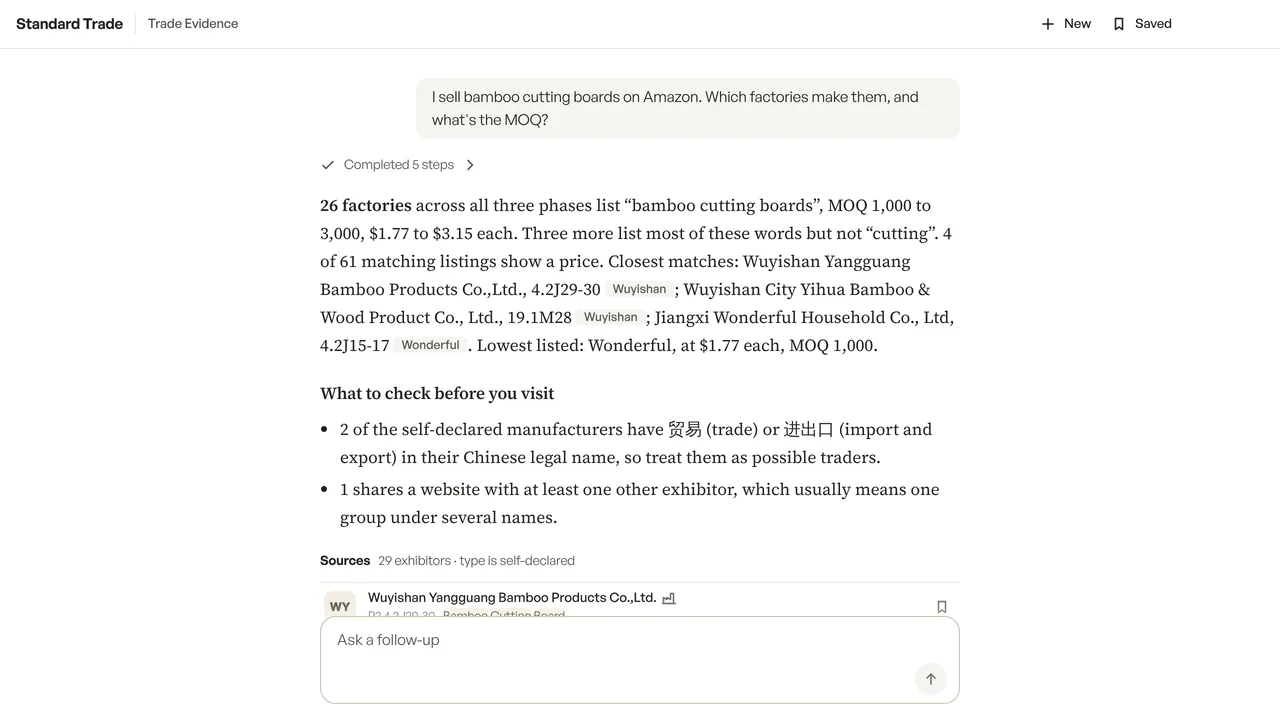 Trade Evidence answering "I sell bamboo cutting boards on Amazon. Which factories make them, and what's the MOQ?" with 26 factories, MOQ 1,000 to 3,000, $1.77 to $3.15 each, and two possible traders flagged.